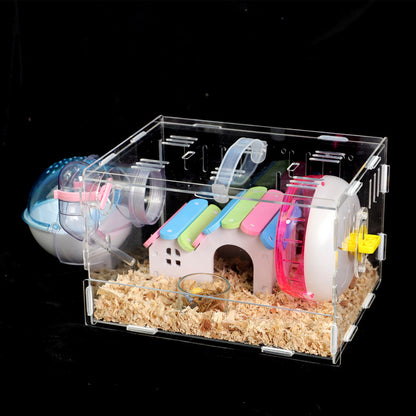 Hamster Cage Cute Acrylic Mini Pet Habitat with Accessories Exercise Wheel Water Bottle Food