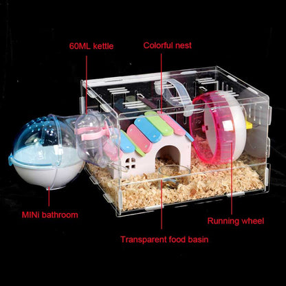 Hamster Cage Cute Acrylic Mini Pet Habitat with Accessories Exercise Wheel Water Bottle Food