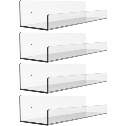 Spacious Acrylic Shelves for Wall Set-Clear Shelves with Mounting Kit-Easy to Install, Versatile & Sturdy Shelf of 4, 15” x 4”