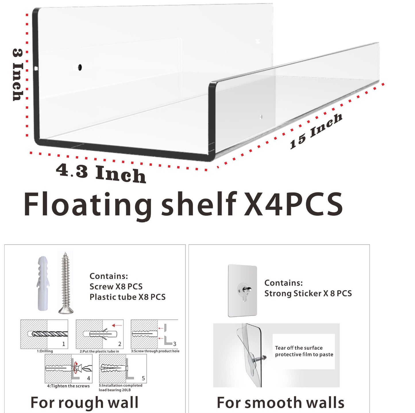 Spacious Acrylic Shelves for Wall Set-Clear Shelves with Mounting Kit-Easy to Install, Versatile & Sturdy Shelf of 4, 15” x 4”